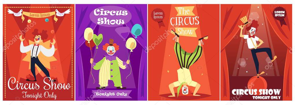 Circus show invitation posters collection with clowns flat vector illustration.