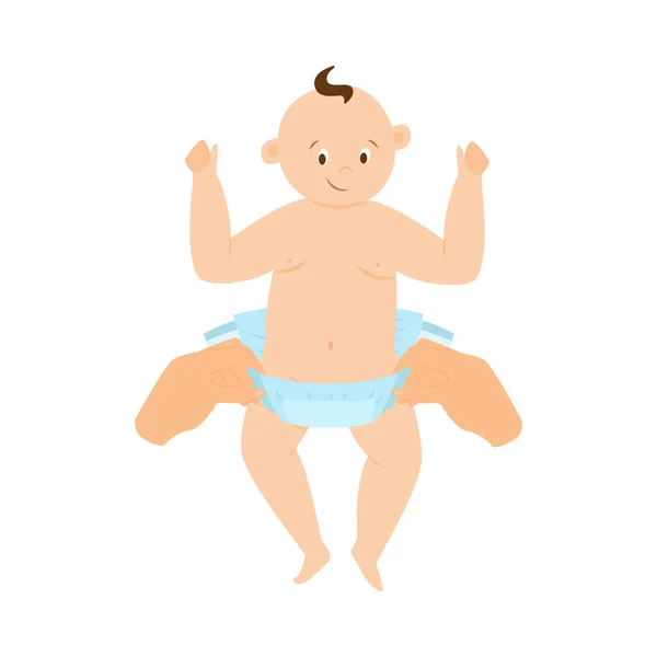 Mudança de fralda de bebê - mãos mudando fraldas para crianças dos desenhos animados — Vetor de Stock