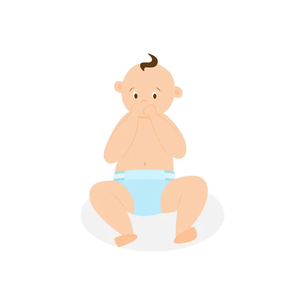Precioso bebé sentado en el suelo en pañal, ilustración vectorial plana aislada. — Vector de stock
