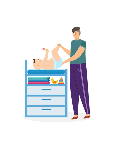 Personagem pai mudando fralda de bebê, ilustração vetorial plana isolada. — Vetor de Stock