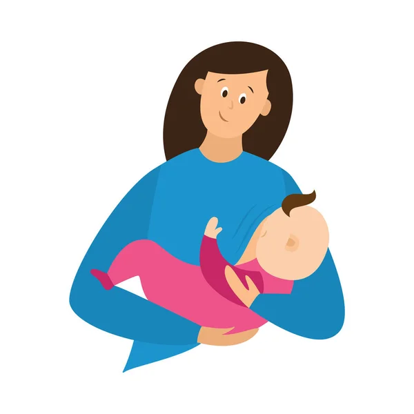 Kvinna matar barnet med mjölk bröst, hålla i bekväm amning pose. — Stock vektor