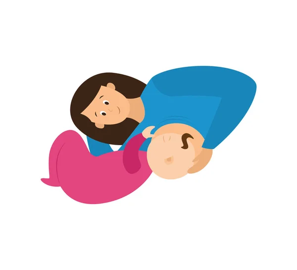Moeder ligt op haar zij borstvoeding baby, platte vector illustratie geïsoleerd. — Stockvector