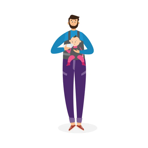 Vader voedt zijn baby, die zit in een drager, platte vector illustratie. — Stockvector