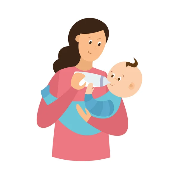 Care mom with love feeding newborn baby milk from bottle a vector illustration — Stock Vector