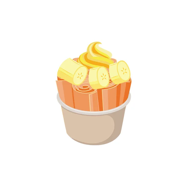 Rouleaux de crème glacée sautés dans une tasse avec illustration vectorielle plate à la banane isolée. — Image vectorielle