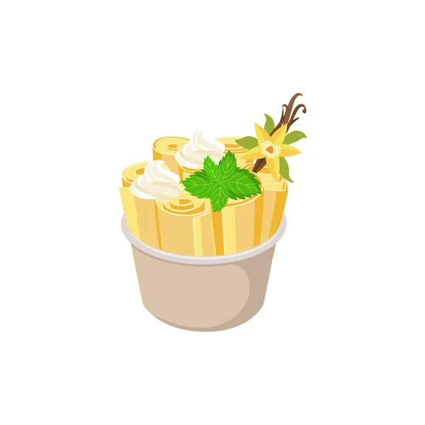 Vanilla stir-fried rolled ice cream in cup, flat vector illustration isolated. — Stock Vector