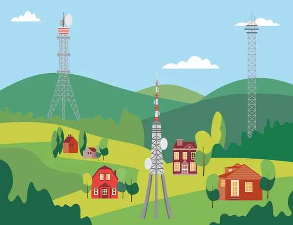 Paisaje con torres de telefonía móvil de telecomunicaciones, ilustración vectorial plana. — Archivo Imágenes Vectoriales