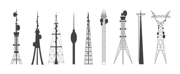 Zestaw wież połączeniowych telekomunikacyjnych płaski wektor ilustracji izolowane. — Wektor stockowy