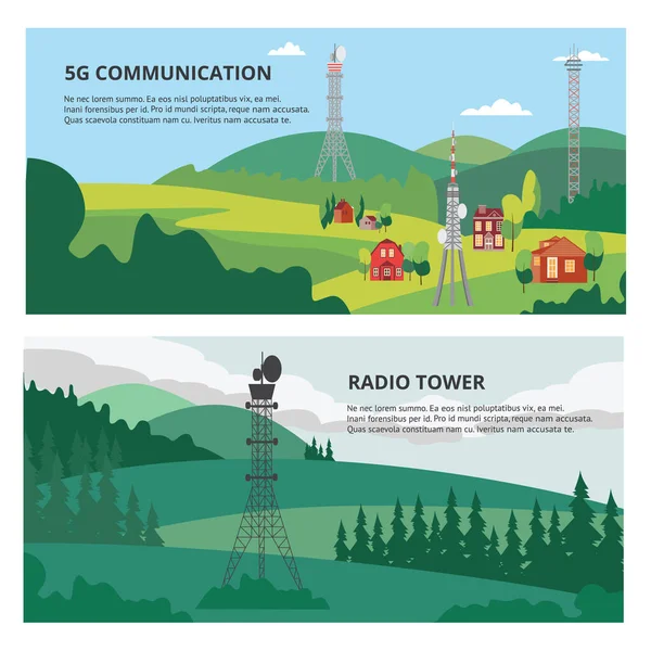 Establecer banners con la comunicación 5G y torres de radio ilustración vectorial plana. — Vector de stock