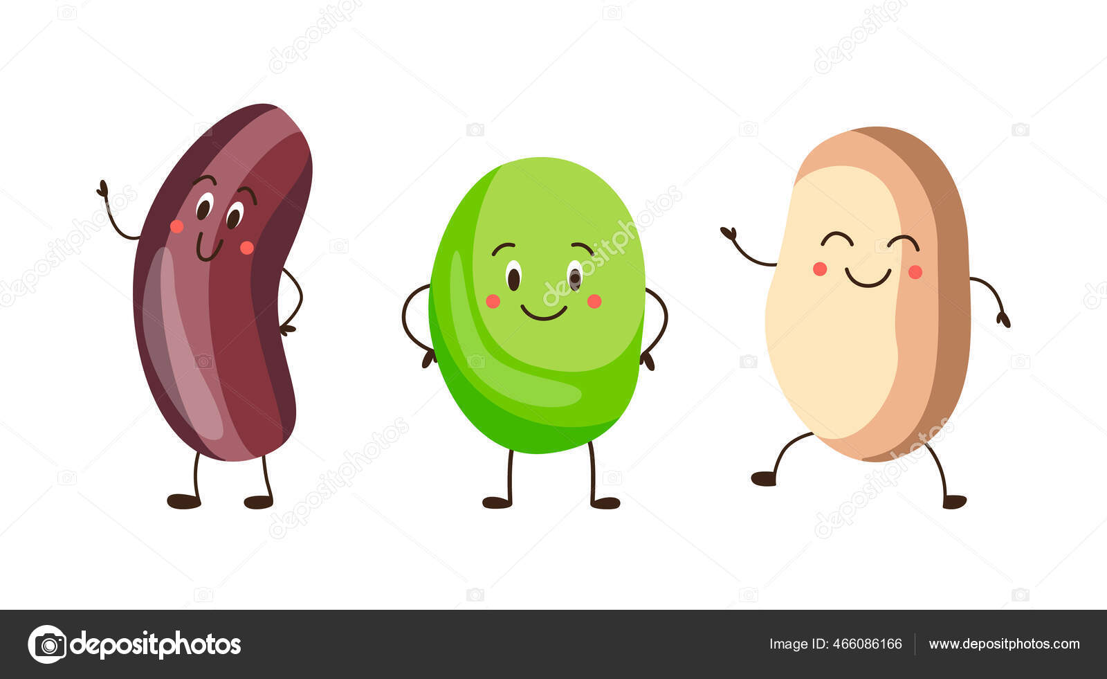 Set of pea and kidney beans cartoon characters, vector illustration