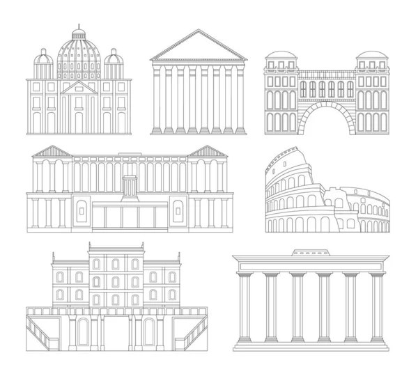 Conjunto de líneas delgadas dibujadas a mano edificios de Roma, ilustración vectorial aislado. — Vector de stock