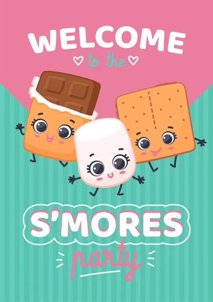 Cartoon χαρακτήρες σοκολάτα, marshmallow και κράκερ προσκαλούν σε Smores κόμμα — Διανυσματικό Αρχείο
