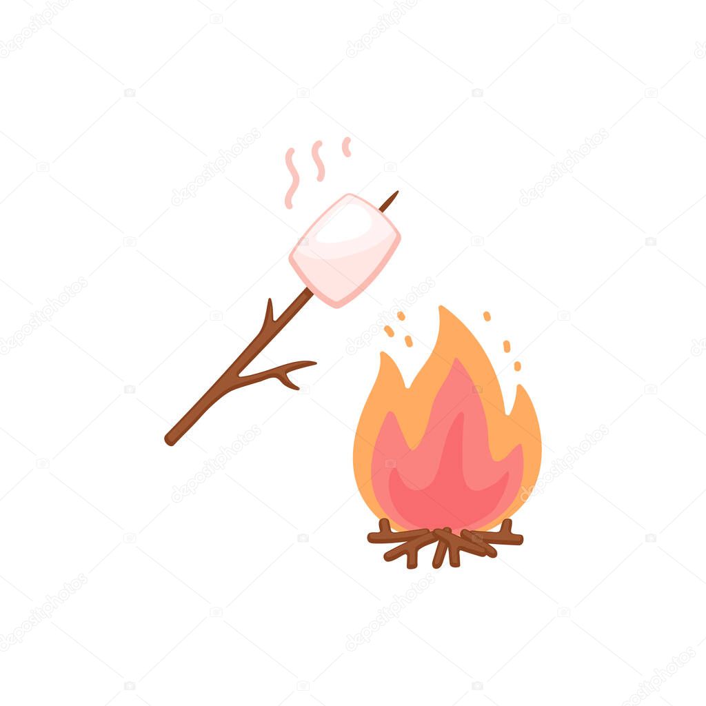 Marshmallow on stick roasting on bonfire, flat vector illustration isolated.