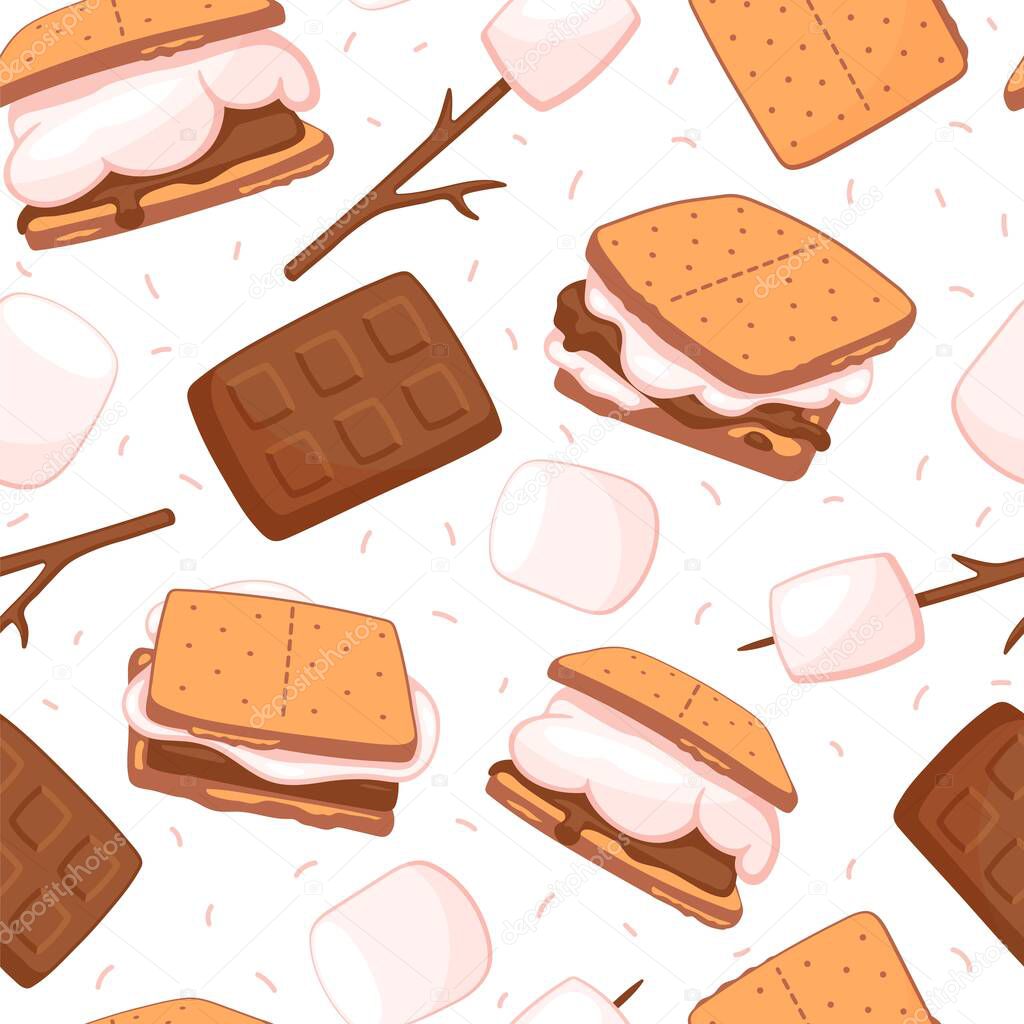 Seamless background with sweet smores - sandwiches with biscuit and chocolate.
