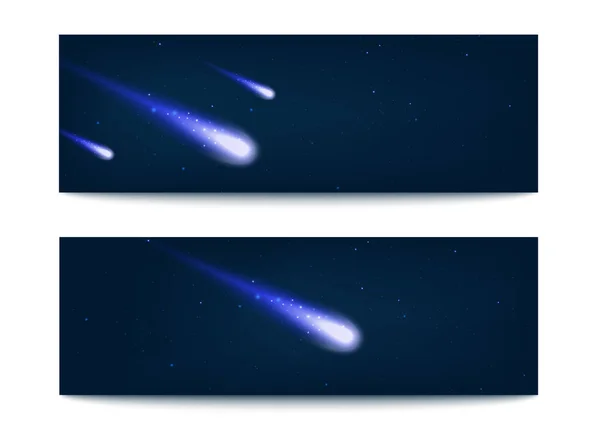 Set di striscioni con comete sul cielo stellato notturno, illustrazione vettoriale realistica. — Vettoriale Stock