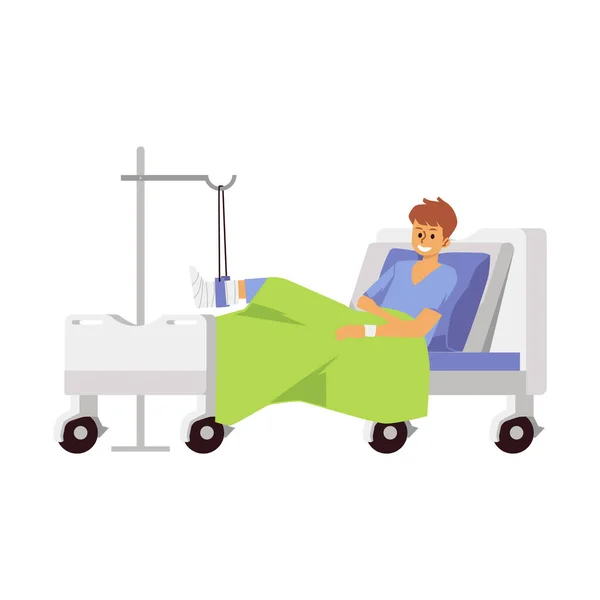 Hombre personaje con la pierna rota en cama de hospital vector plano ilustración aislada. — Vector de stock