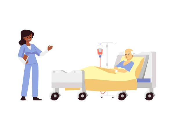 Médico y paciente de edad avanzada en la habitación del hospital, ilustración vectorial plana aislada. — Vector de stock