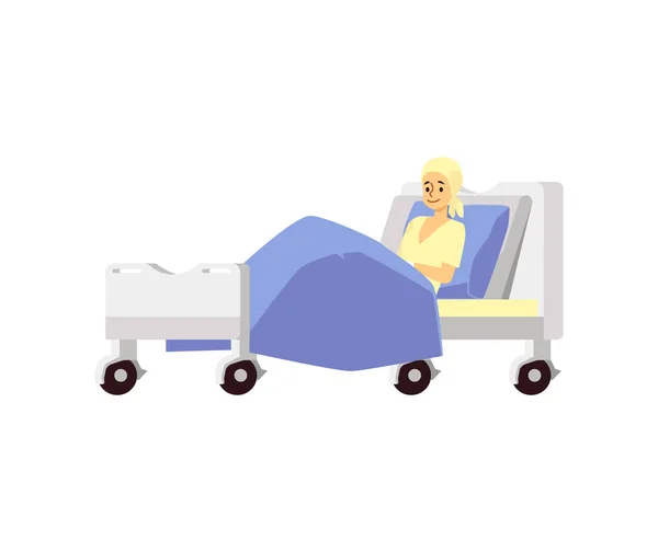 Personaje de dibujos animados de mujer en la cama del hospital, ilustración de vector plano aislado. — Vector de stock