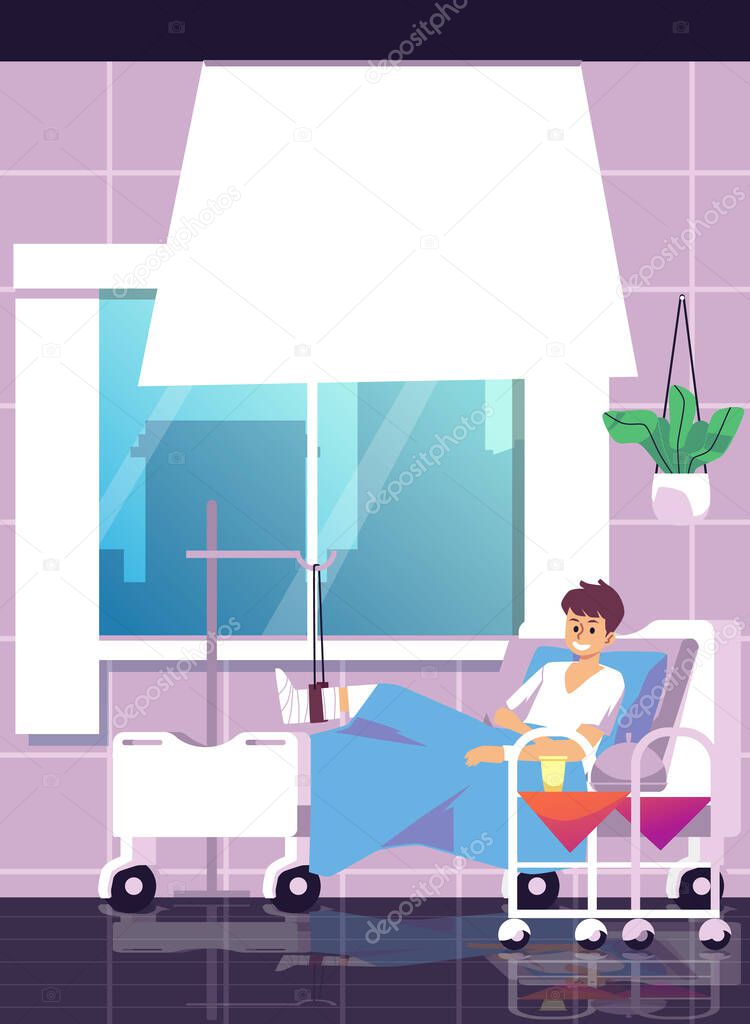 Smiling cheerful patient in comfortable hospital room flat vector illustration.