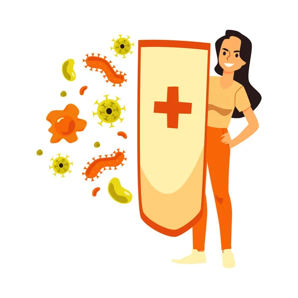 Système immunitaire fort avec femme réfléchit les virus, illustration vectorielle isolée. — Image vectorielle