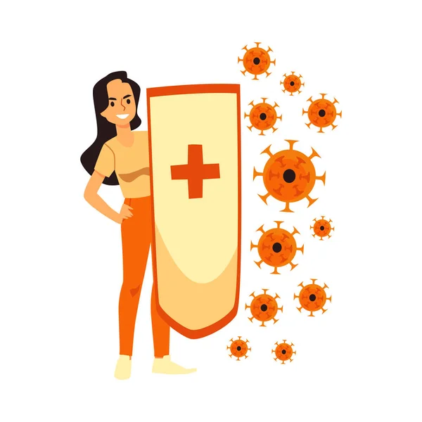 Chica sana tiene escudo de inmunidad para la protección, luchando con virus, bacterias. — Vector de stock