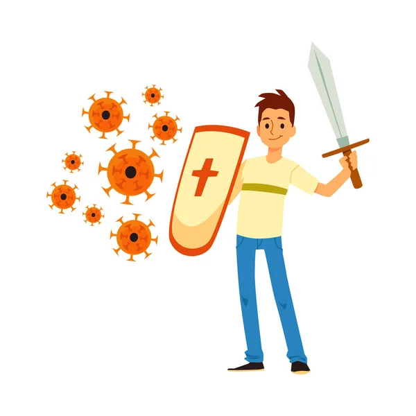 Homem com espada se defende contra vírus, ilustração vetorial isolada. —  Vetores de Stock