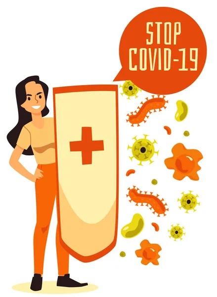 Gezond meisje houdt immuniteitsschild voor bescherming en bestrijding met coronavirus — Stockvector
