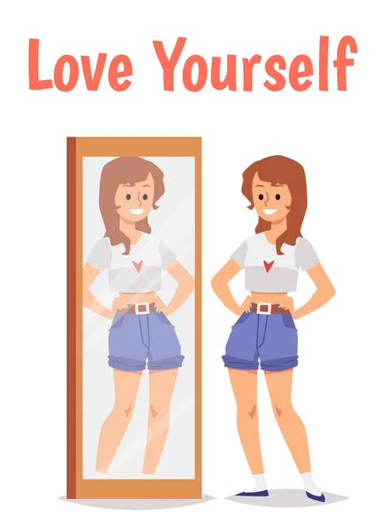 Люби себе банером з жінкою перед дзеркалом, плоскою Векторні ілюстрації . — стоковий вектор
