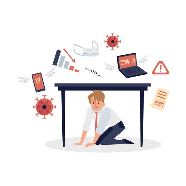 Overloading of information man in stress tries to hide under table. — Stock Vector