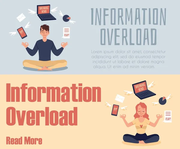 Jeu de bannières sur le thème de la surcharge d'information, illustration vectorielle plate. — Image vectorielle