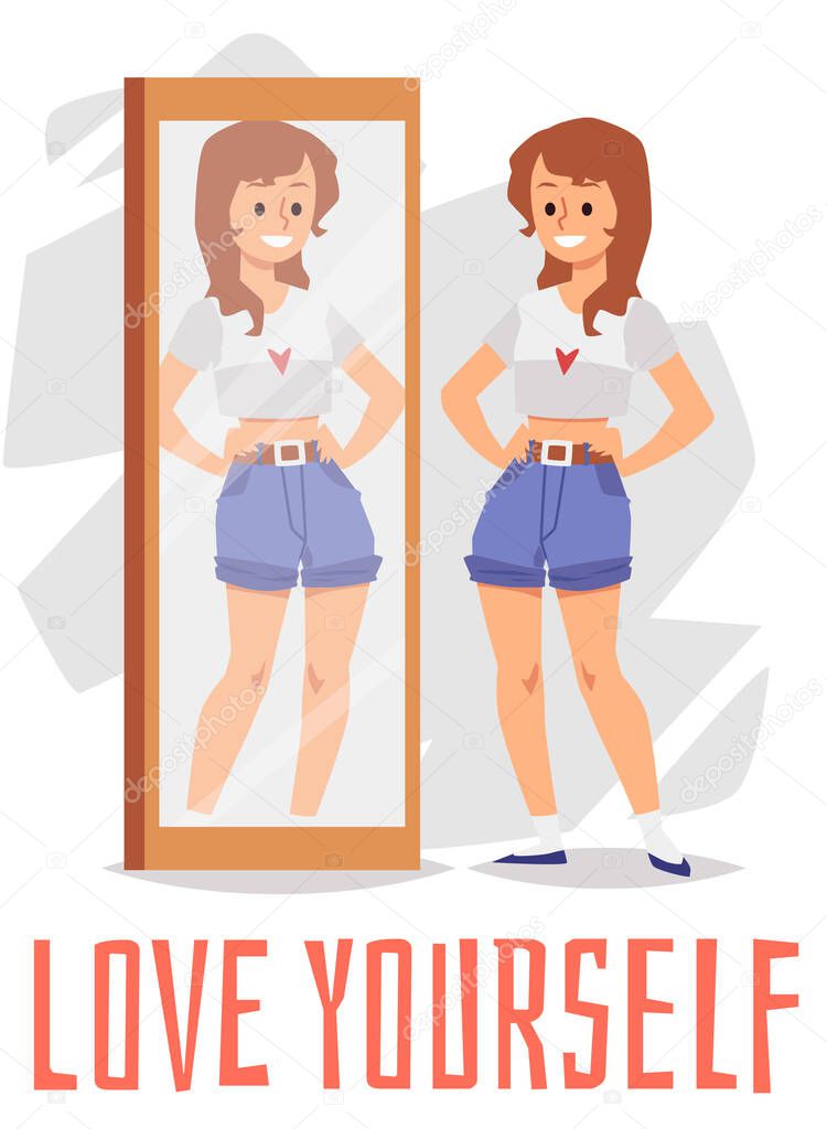 Acceptance, confidence, love and esteem for self of positive young woman.