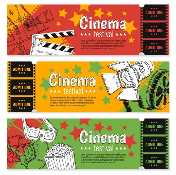 Κινηματογραφικό σετ εισιτηρίων, φεστιβάλ κινηματογράφου, εκδήλωση ψυχαγωγίας μια διανυσματική εικονογράφηση — Διανυσματικό Αρχείο