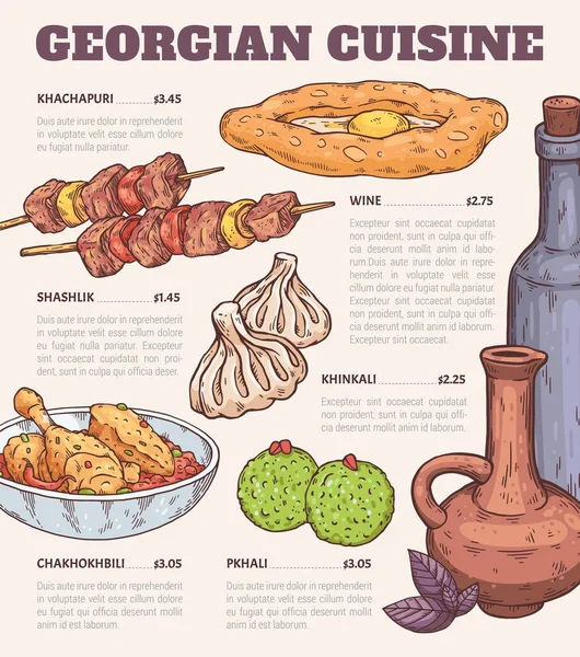 Грузинська кухня, сторінка меню з традиційною кавказькою їжею векторний ескіз — стоковий вектор