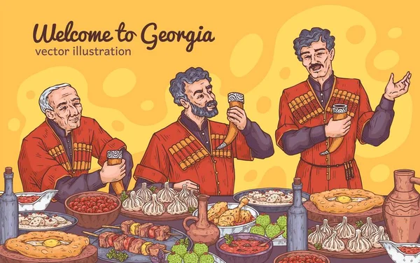 Ласкаво просимо до Грузії рекламний шаблон прапора, ілюстрації векторного гравірування. — стоковий вектор