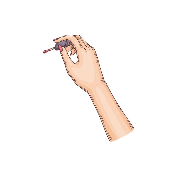 Bosquejo de hermosa mano femenina con manicura roja sosteniendo cepillo de esmalte de uñas. — Archivo Imágenes Vectoriales