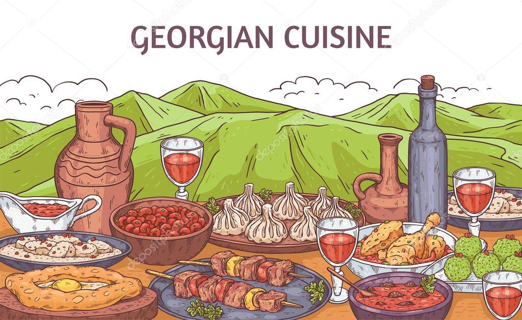 Georgian food banner with dishes at mountains, engraving vector illustration.