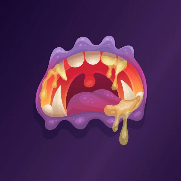 Open monster mouth with violet lips and crooked teeth, vector illustration. — Stock Vector