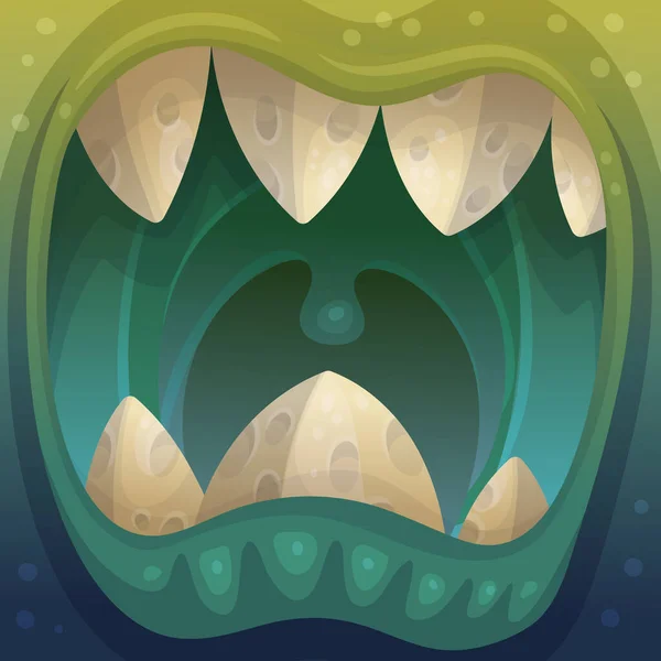 Brett öppen mun av arga monster med tänder, platt tecknad vektor illustration. — Stock vektor