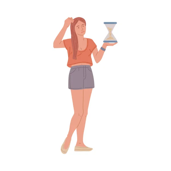 Mujer se encuentra en el pensamiento con un reloj de arena, ilustración vectorial plana aislada. — Archivo Imágenes Vectoriales