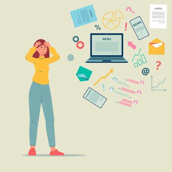 Girl in stress is overload by lot of information, work and internet data stream. — Stock Vector