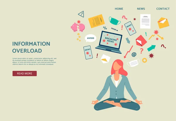 Banner de sobrecarga de informação - mulher dos desenhos animados meditando entre o estresse — Vetor de Stock