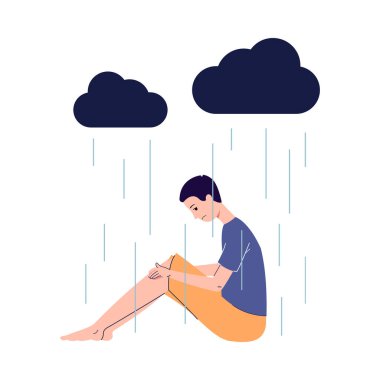 Depresyonlu üzgün adam yağmur bulutları altında oturuyor. Çizgi film karakteri