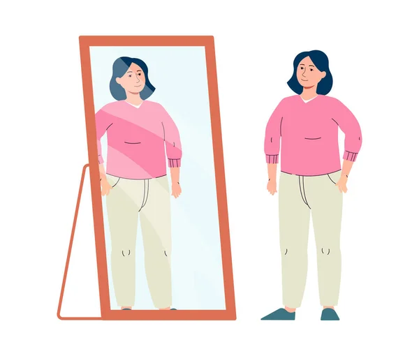 Kvinna brunett med positiv självacceptans och aktning titta på henne i spegeln. — Stock vektor