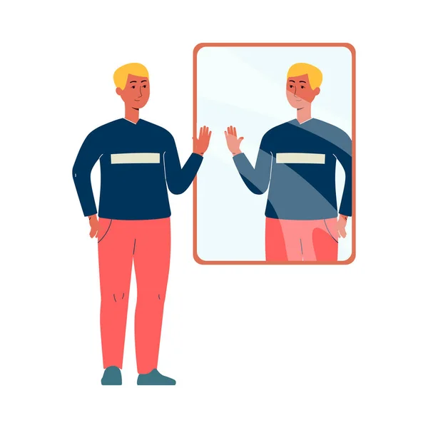 Smiling confident man in front of mirror, flat vector illustration isolated. — Stock Vector