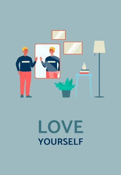 Любіть себе плакатом з мультиплікаційним персонажем, посміхаючись собі у дзеркалі . — стоковий вектор