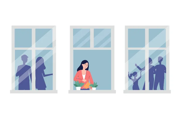Femme seule dans l'appartement se sentant bouleversée et seule, illustration vectorielle plate. — Image vectorielle