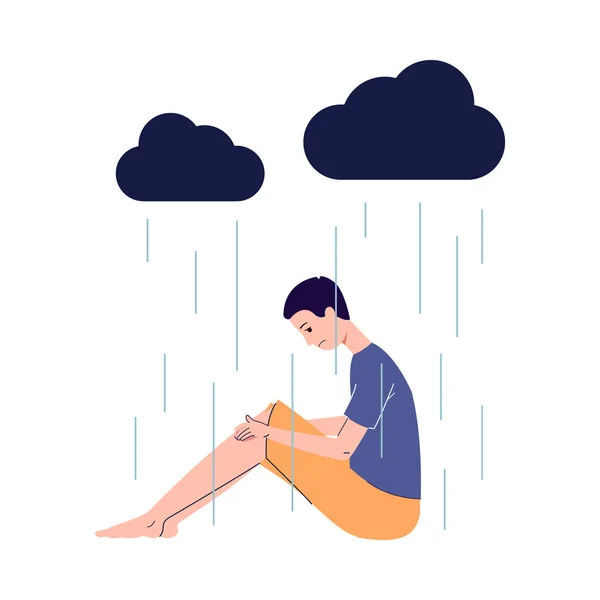 Triste hombre con depresión sentado bajo la nube de lluvia. Persona de dibujos animados — Vector de stock