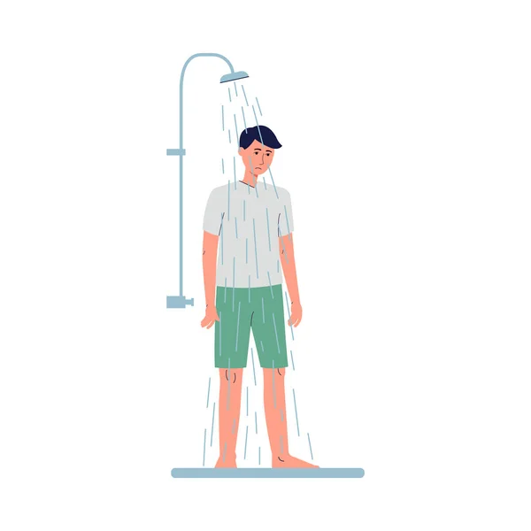 Solitario hombre infeliz de pie bajo la ducha, vector plano ilustración aislado. — Archivo Imágenes Vectoriales