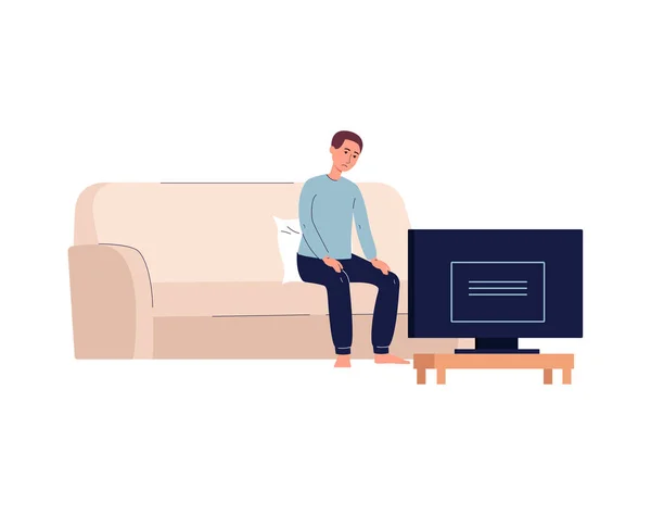 Magányos nyomorult férfi egyedül a TV előtt, lapos vektor illusztráció elszigetelt. — Stock Vector