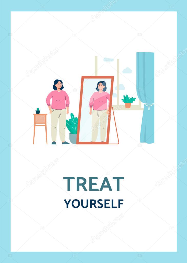 Treat yourself poster with overweight woman, flat vector illustration.